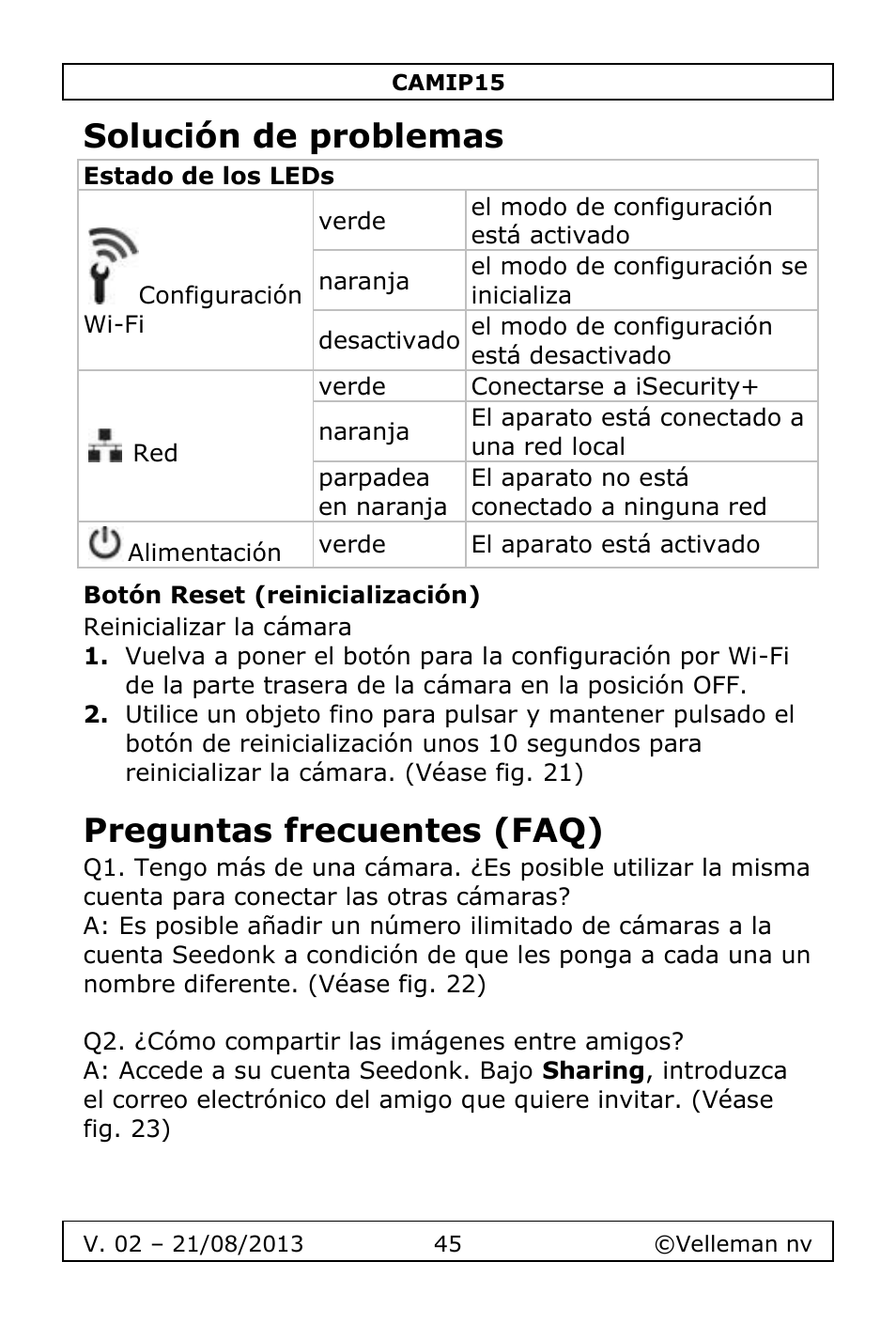 Solución de problemas, Botón reset (reinicialización), Preguntas frecuentes (faq) | Velleman CAMIP15 User Manual | Page 45 / 62