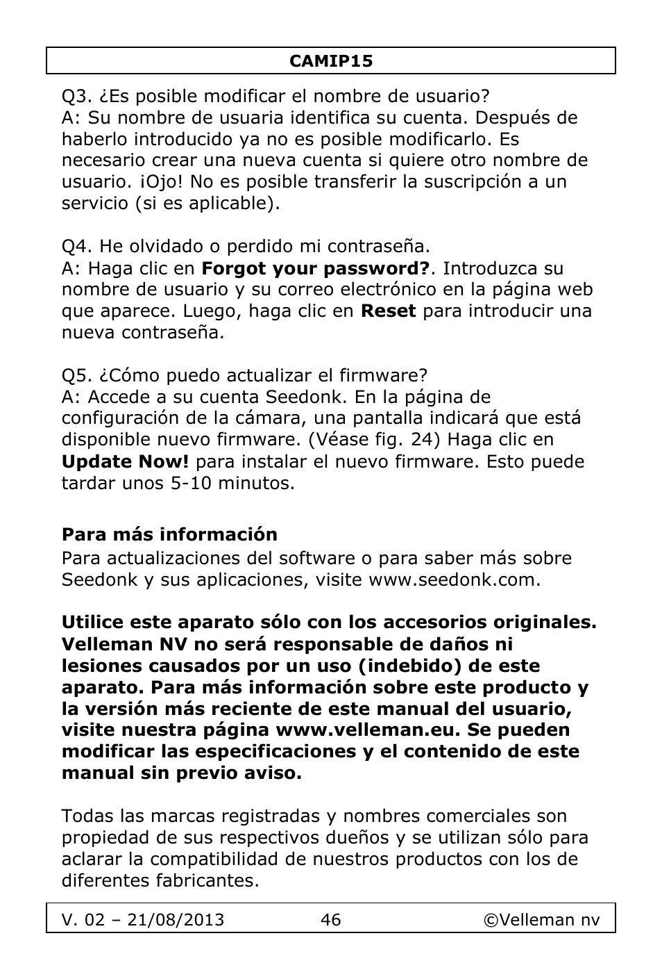 Para más información | Velleman CAMIP15 User Manual | Page 46 / 62