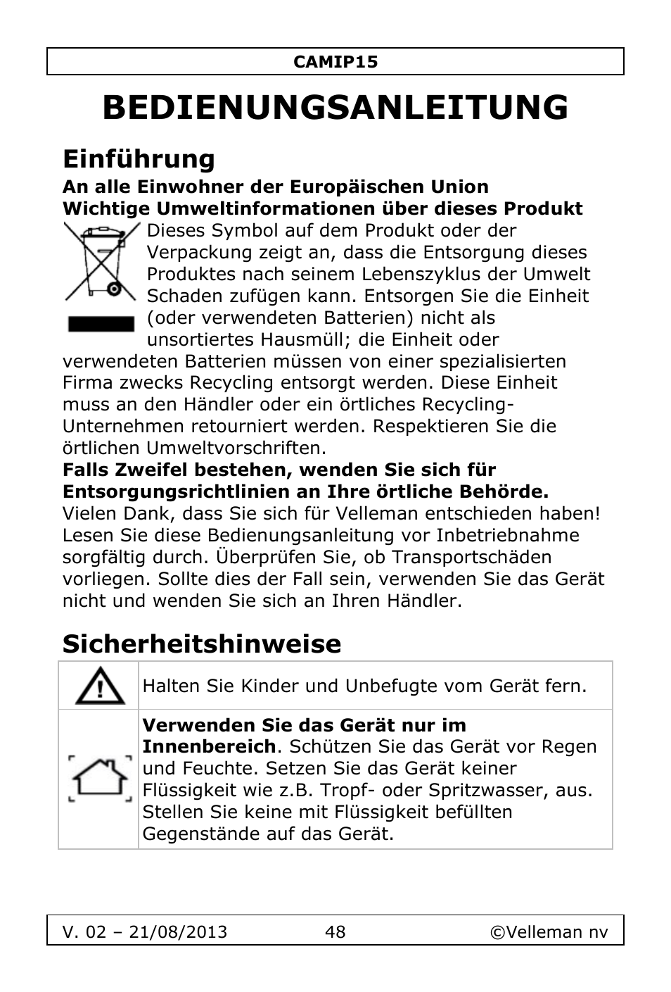 Bedienungsanleitung, Einführung, Sicherheitshinweise | Velleman CAMIP15 User Manual | Page 48 / 62