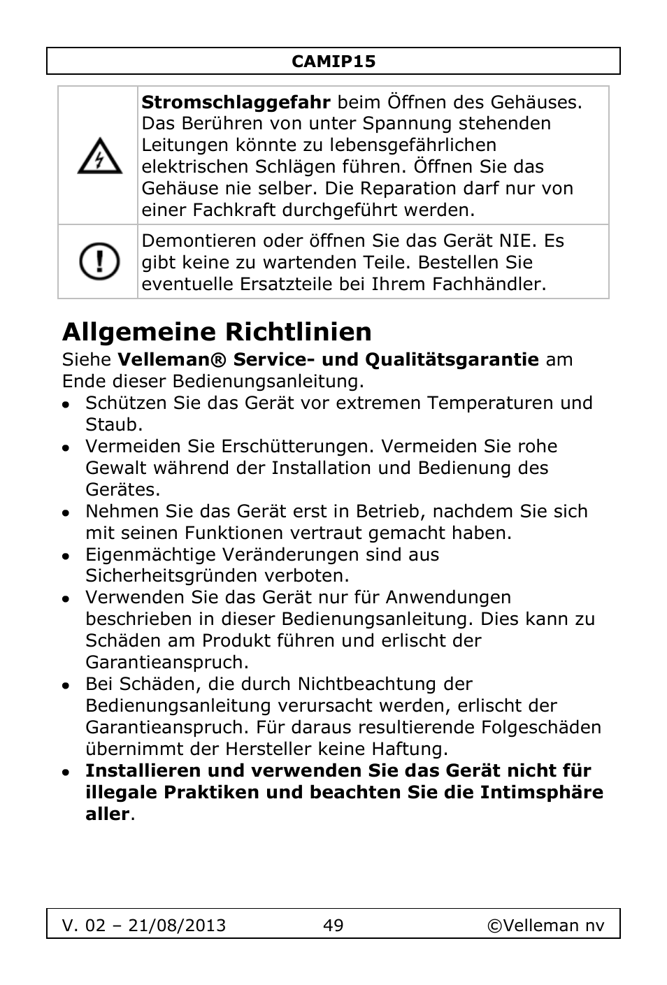 Allgemeine richtlinien | Velleman CAMIP15 User Manual | Page 49 / 62