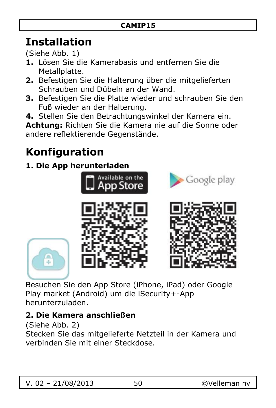 Installation, Konfiguration, Die app herunterladen | Die kamera anschließen | Velleman CAMIP15 User Manual | Page 50 / 62