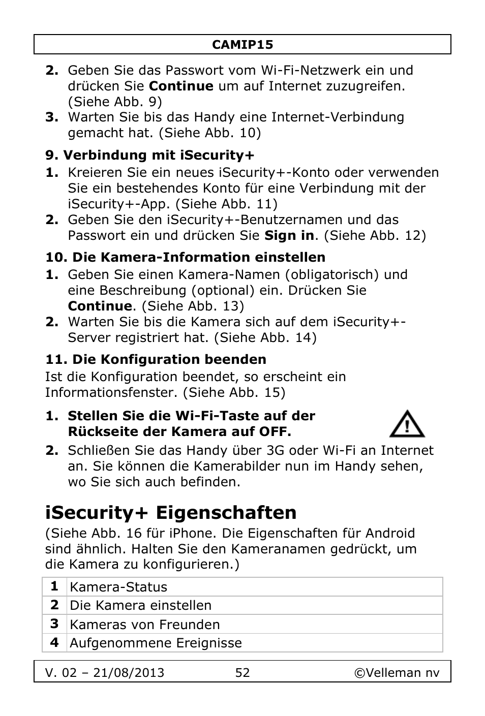 Verbindung mit isecurity, Die kamera-information einstellen, Die konfiguration beenden | Isecurity+ eigenschaften | Velleman CAMIP15 User Manual | Page 52 / 62