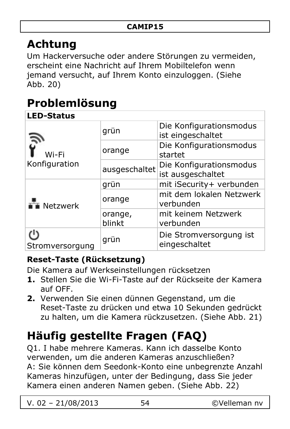 Achtung, Problemlösung, Reset-taste (rücksetzung) | Häufig gestellte fragen (faq) | Velleman CAMIP15 User Manual | Page 54 / 62