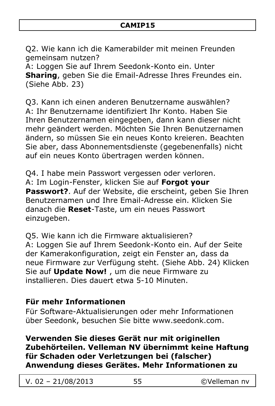Für mehr informationen | Velleman CAMIP15 User Manual | Page 55 / 62