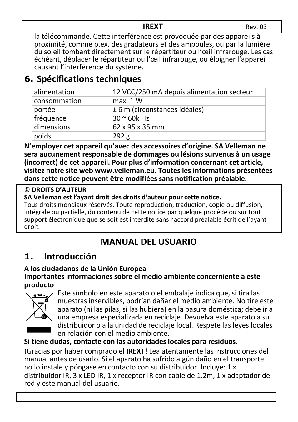 Spécifications techniques, Manual del usuario, Introducción | Velleman IREXT User Manual | Page 11 / 20