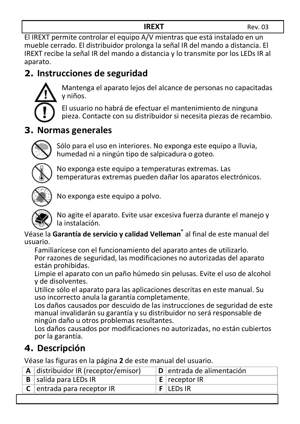 Instrucciones de seguridad, Normas generales, Descripción | Velleman IREXT User Manual | Page 12 / 20