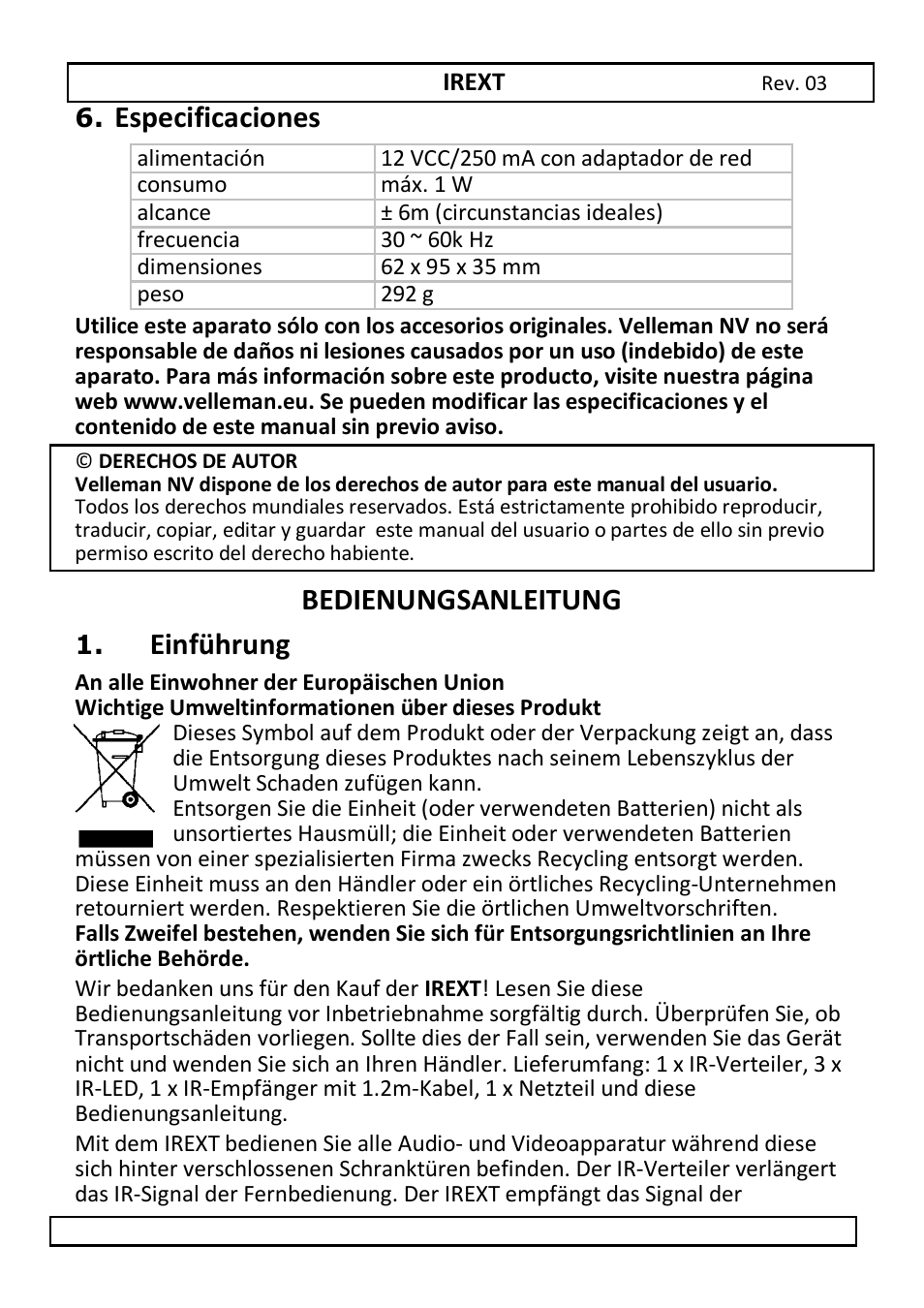 Especificaciones, Bedienungsanleitung, Einführung | Velleman IREXT User Manual | Page 14 / 20