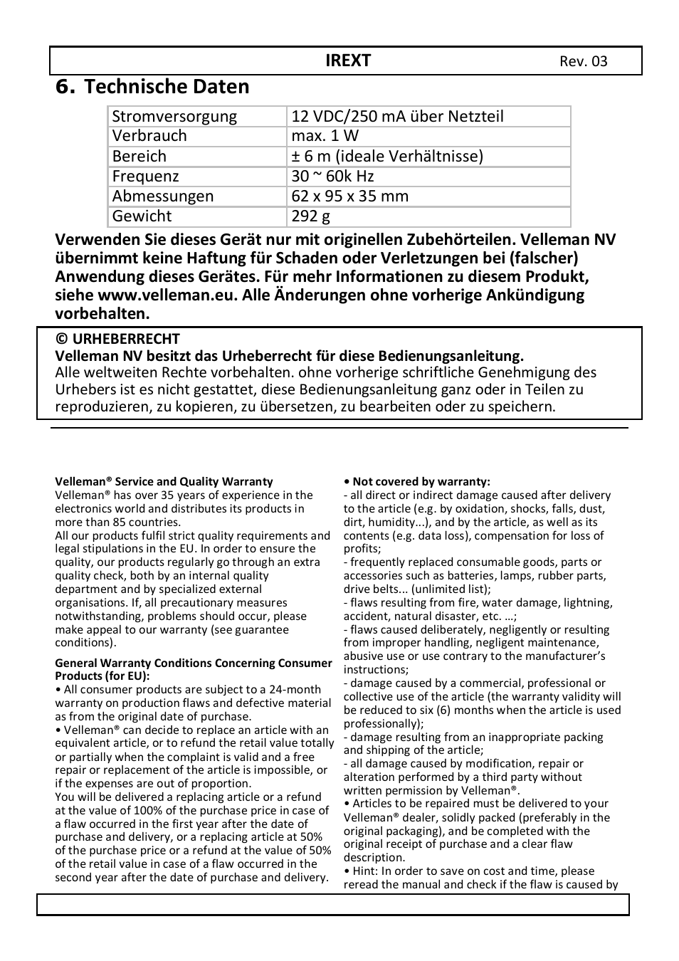 Technische daten | Velleman IREXT User Manual | Page 17 / 20