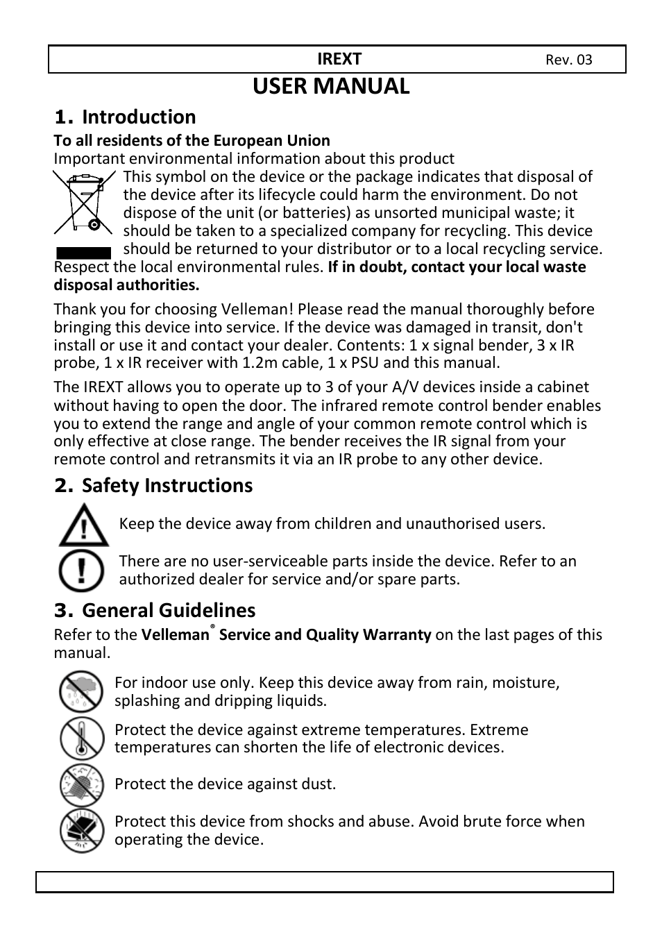 User manual, Introduction, Safety instructions | General guidelines | Velleman IREXT User Manual | Page 3 / 20