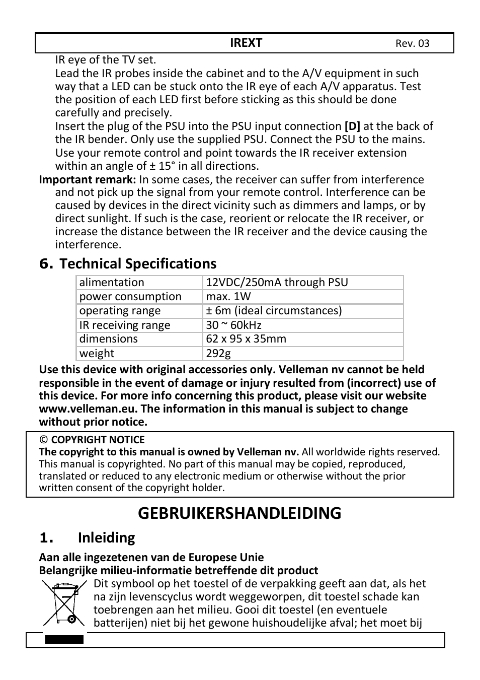 Gebruikershandleiding, Technical specifications, Inleiding | Velleman IREXT User Manual | Page 5 / 20