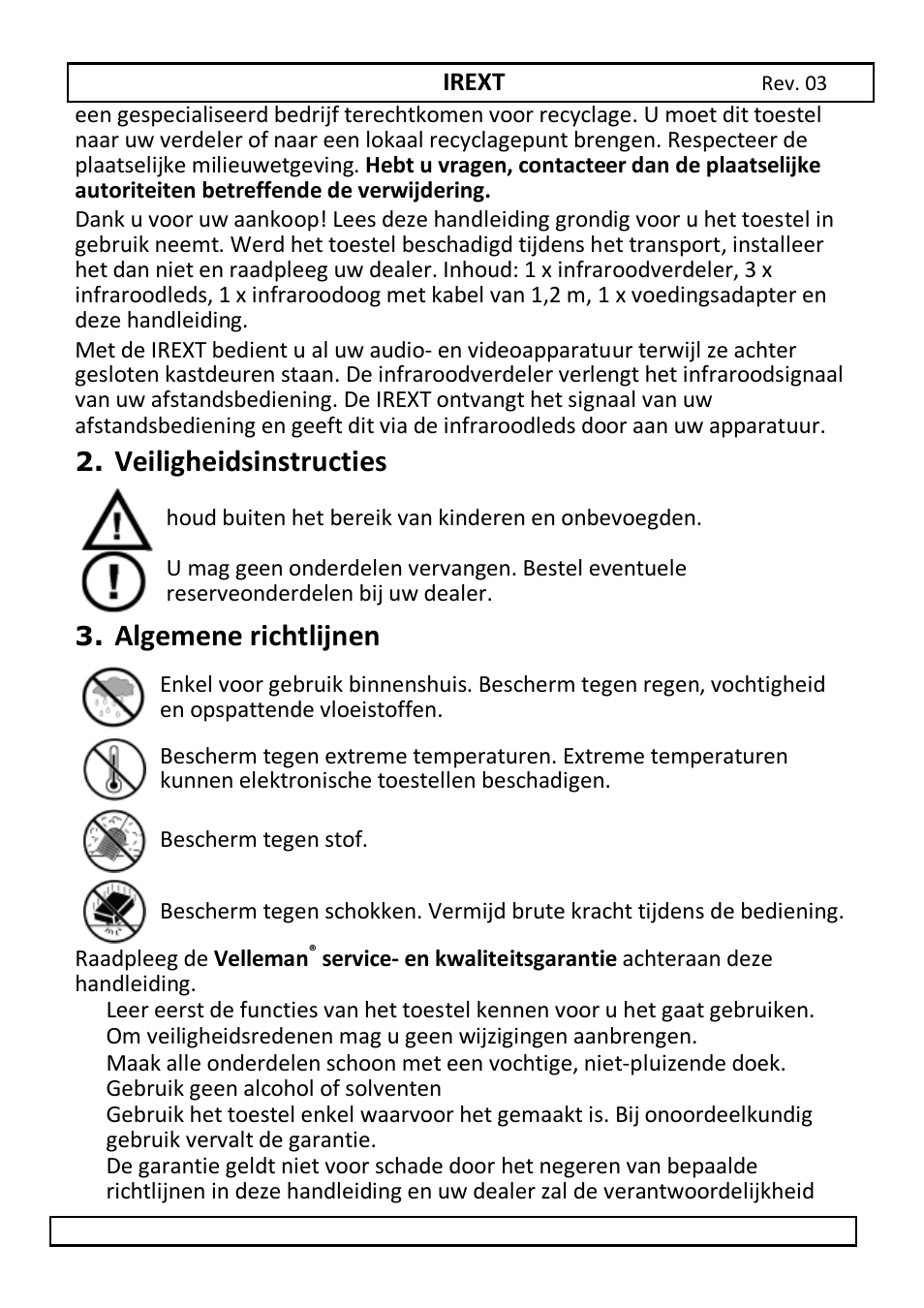Veiligheidsinstructies, Algemene richtlijnen | Velleman IREXT User Manual | Page 6 / 20