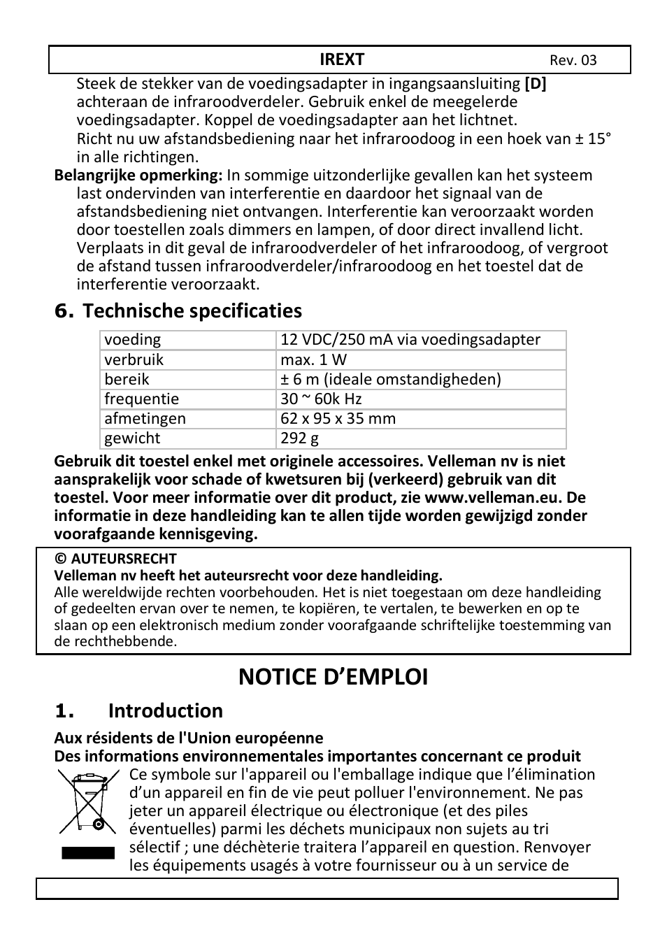 Notice d’emploi, Technische specificaties, Introduction | Velleman IREXT User Manual | Page 8 / 20