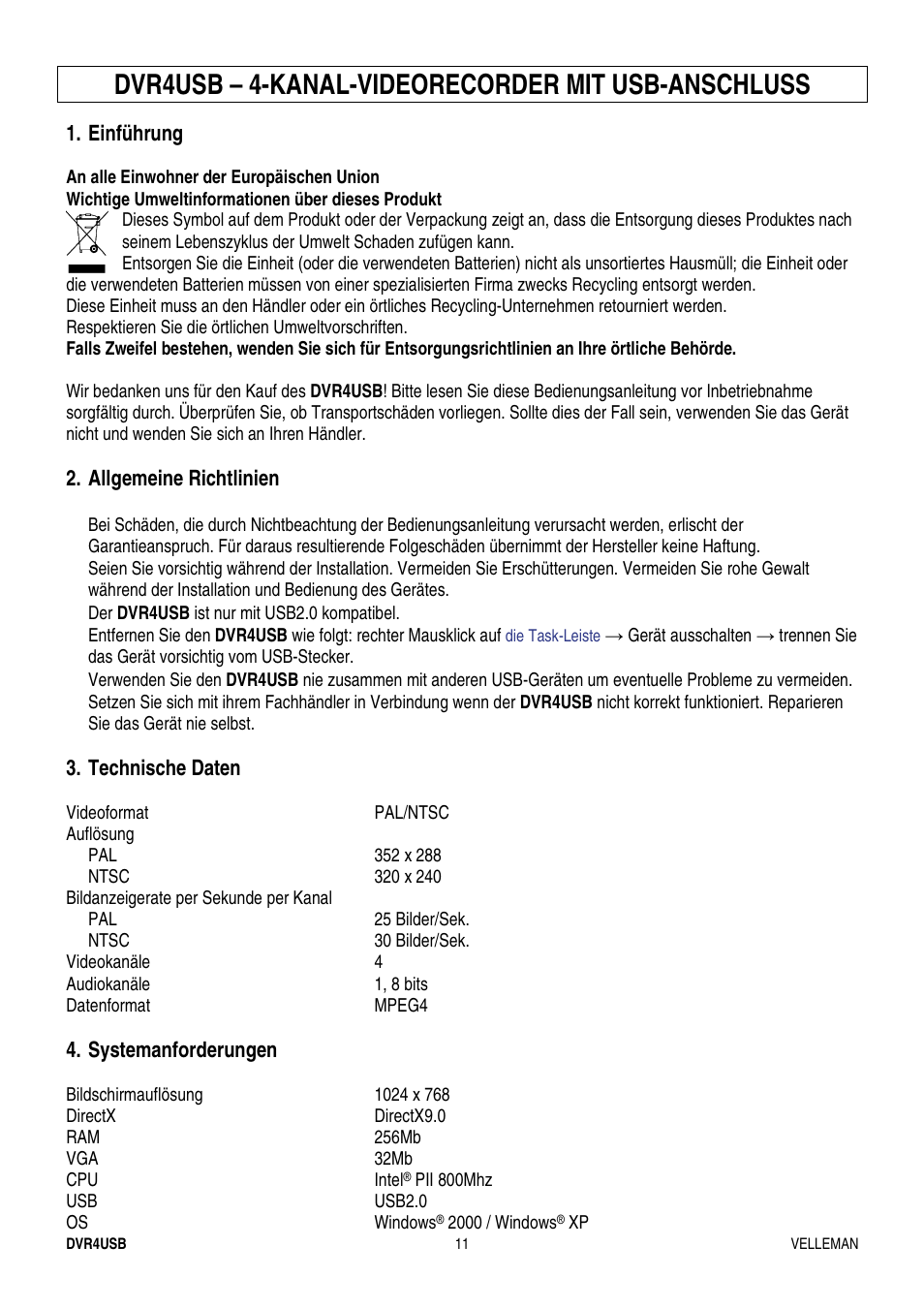 Dvr4usb – 4-kanal-videorecorder mit usb-anschluss | Velleman DVR4USB User Manual | Page 11 / 12