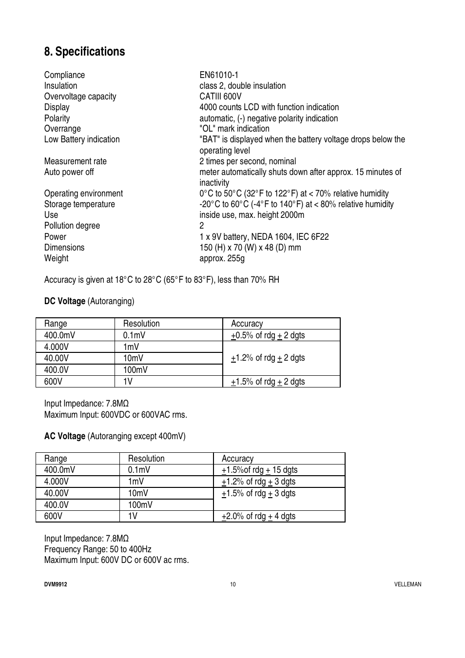 Specifications | Velleman DVM9912 User Manual | Page 10 / 53