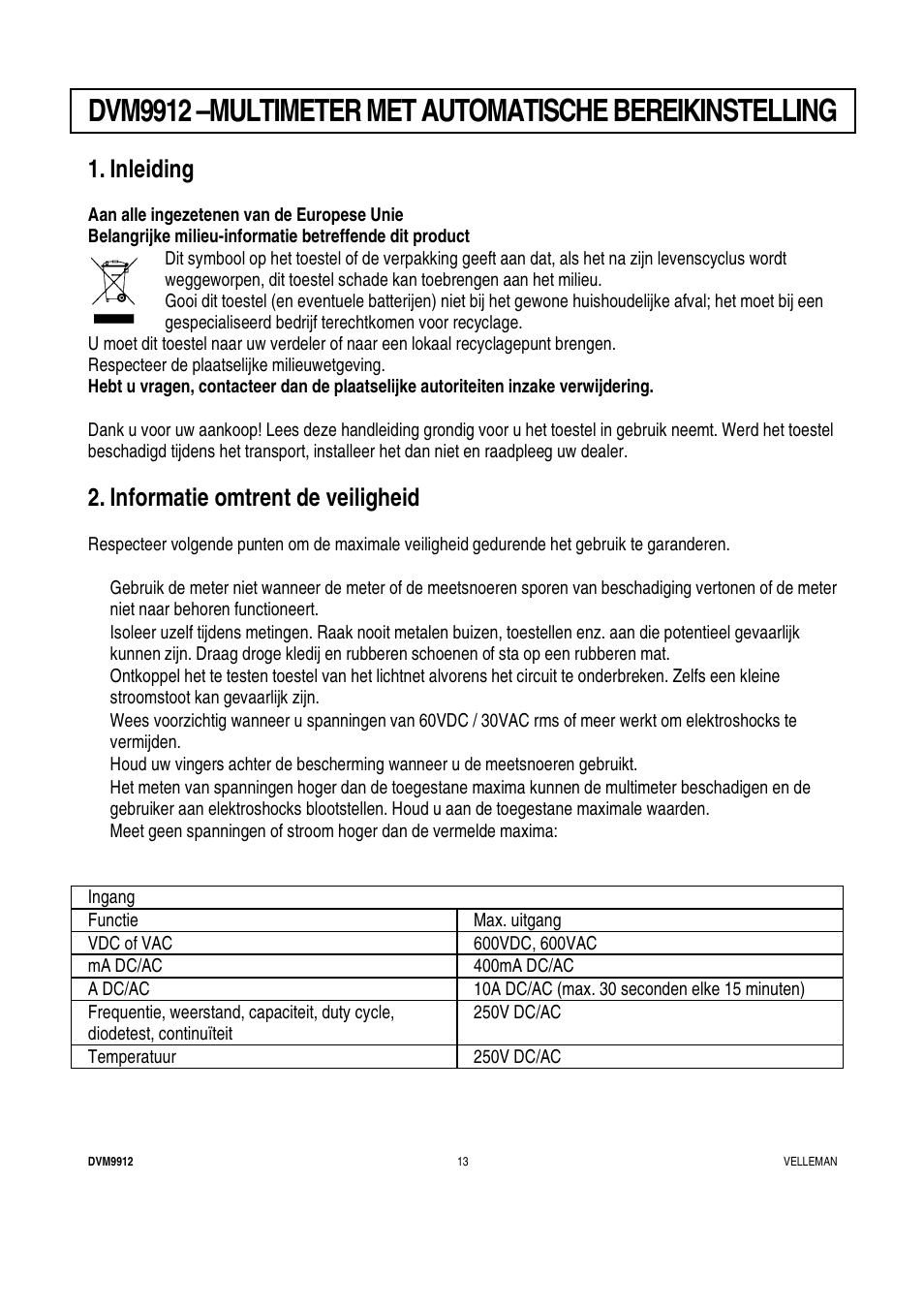 Inleiding, Informatie omtrent de veiligheid | Velleman DVM9912 User Manual | Page 13 / 53