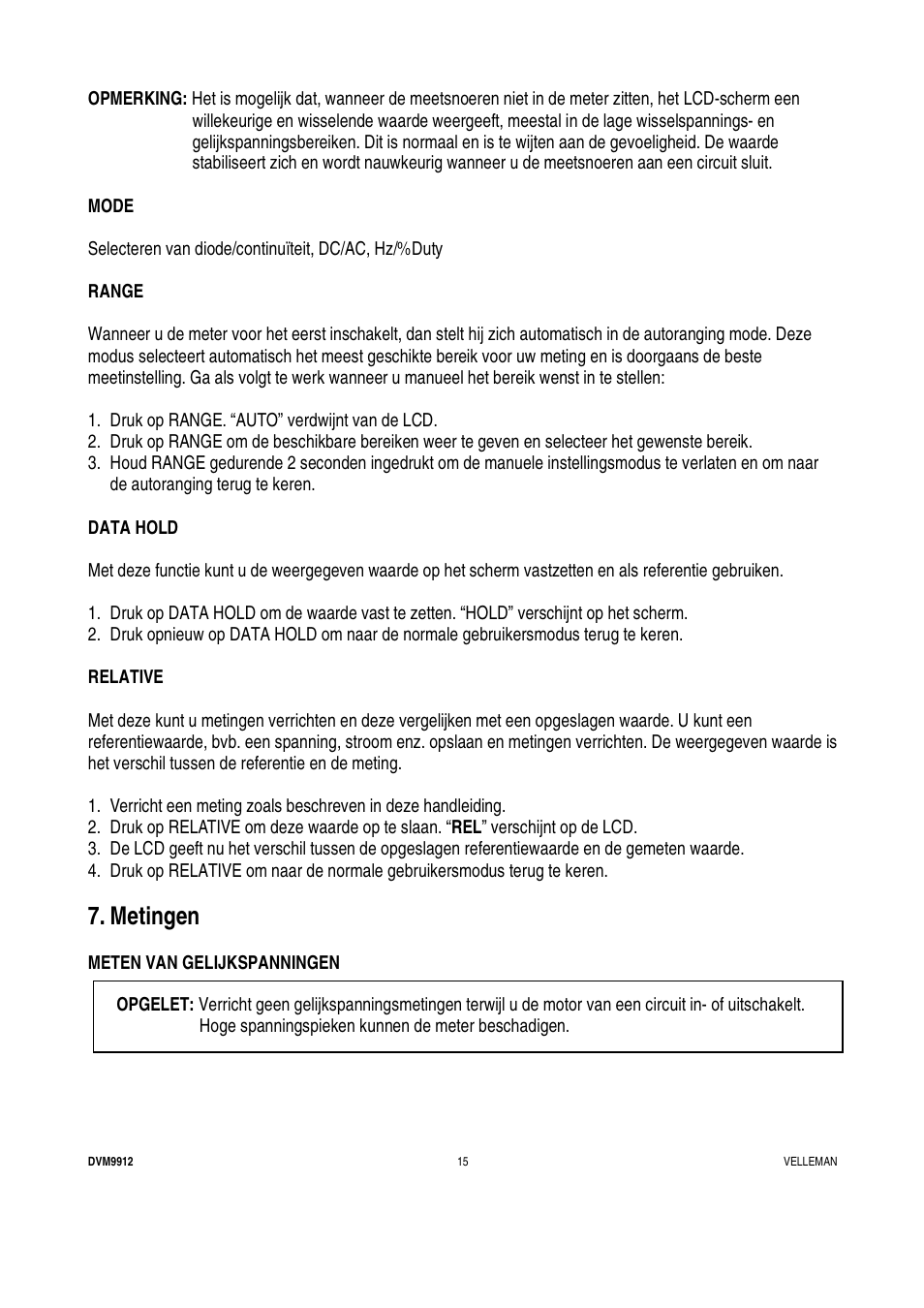 Metingen | Velleman DVM9912 User Manual | Page 15 / 53
