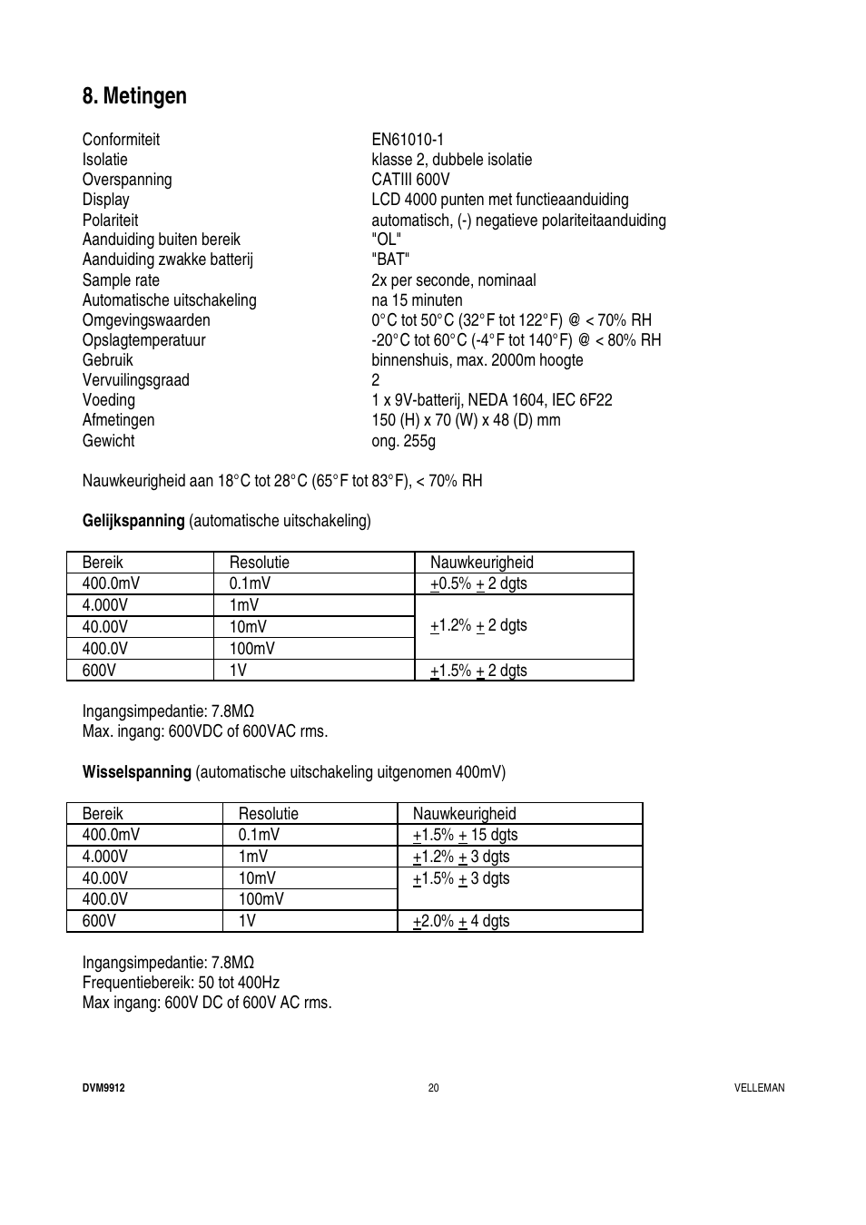 Metingen | Velleman DVM9912 User Manual | Page 20 / 53