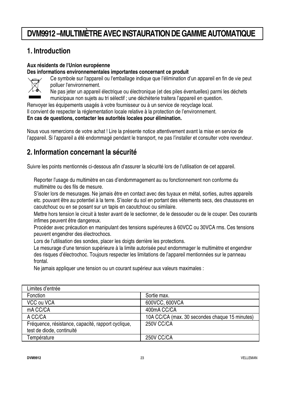 Introduction, Information concernant la sécurité | Velleman DVM9912 User Manual | Page 23 / 53