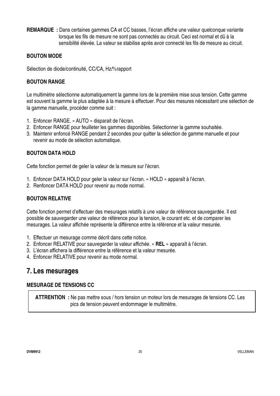 Les mesurages | Velleman DVM9912 User Manual | Page 25 / 53