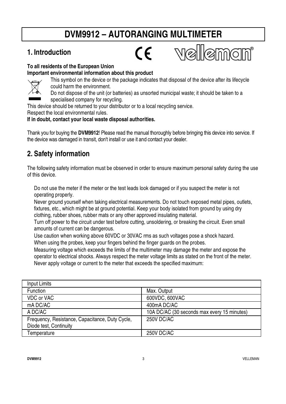 Dvm9912 – autoranging multimeter, Introduction, Safety information | Velleman DVM9912 User Manual | Page 3 / 53