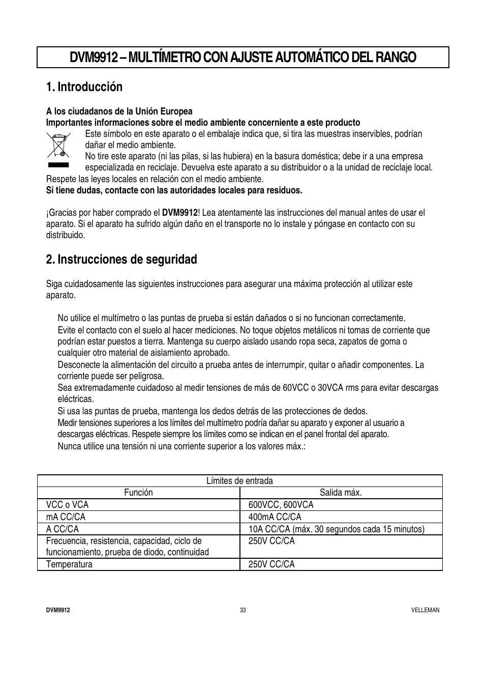 Introducción, Instrucciones de seguridad | Velleman DVM9912 User Manual | Page 33 / 53