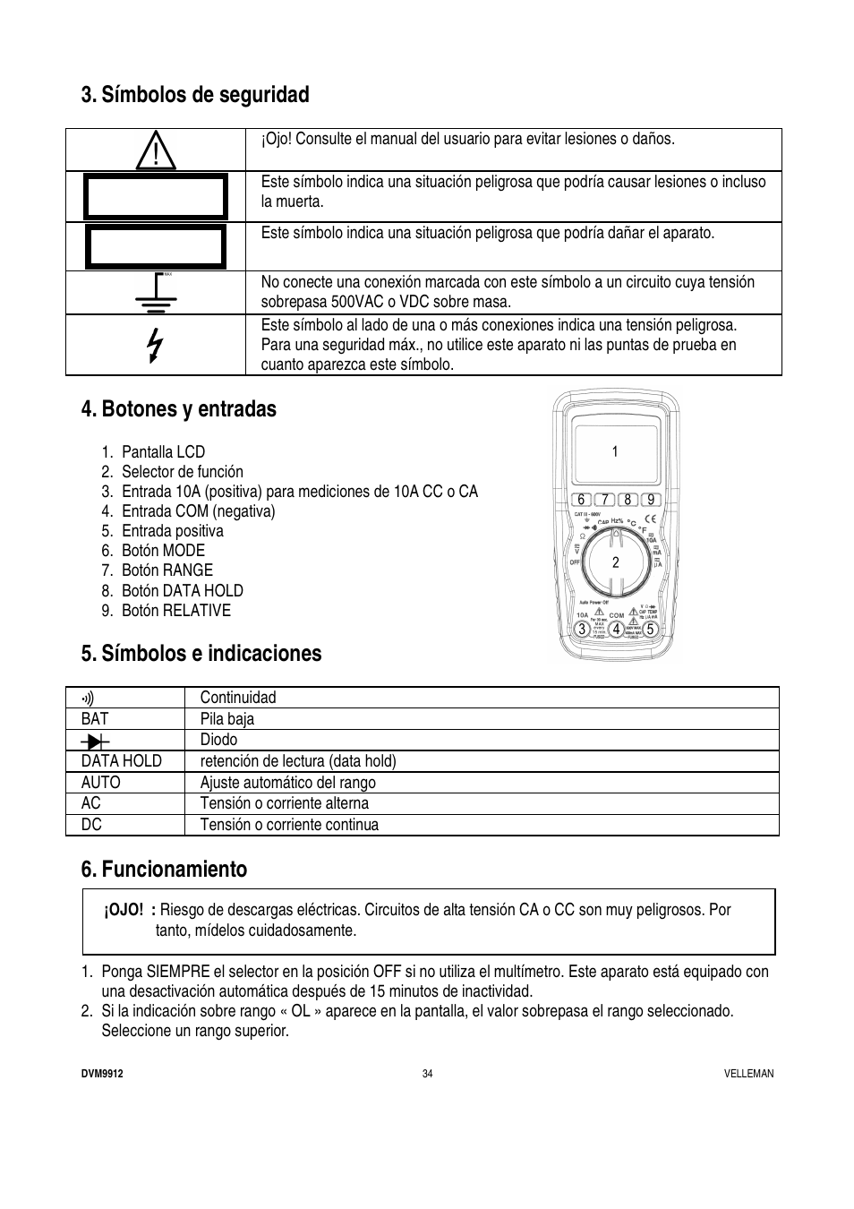 Caution warning, Símbolos de seguridad, Botones y entradas | Símbolos e indicaciones, Funcionamiento | Velleman DVM9912 User Manual | Page 34 / 53