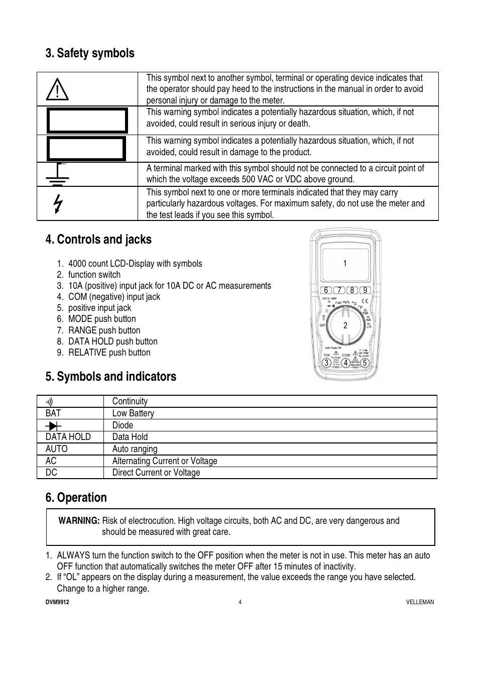Caution warning, Safety symbols, Controls and jacks | Symbols and indicators, Operation | Velleman DVM9912 User Manual | Page 4 / 53