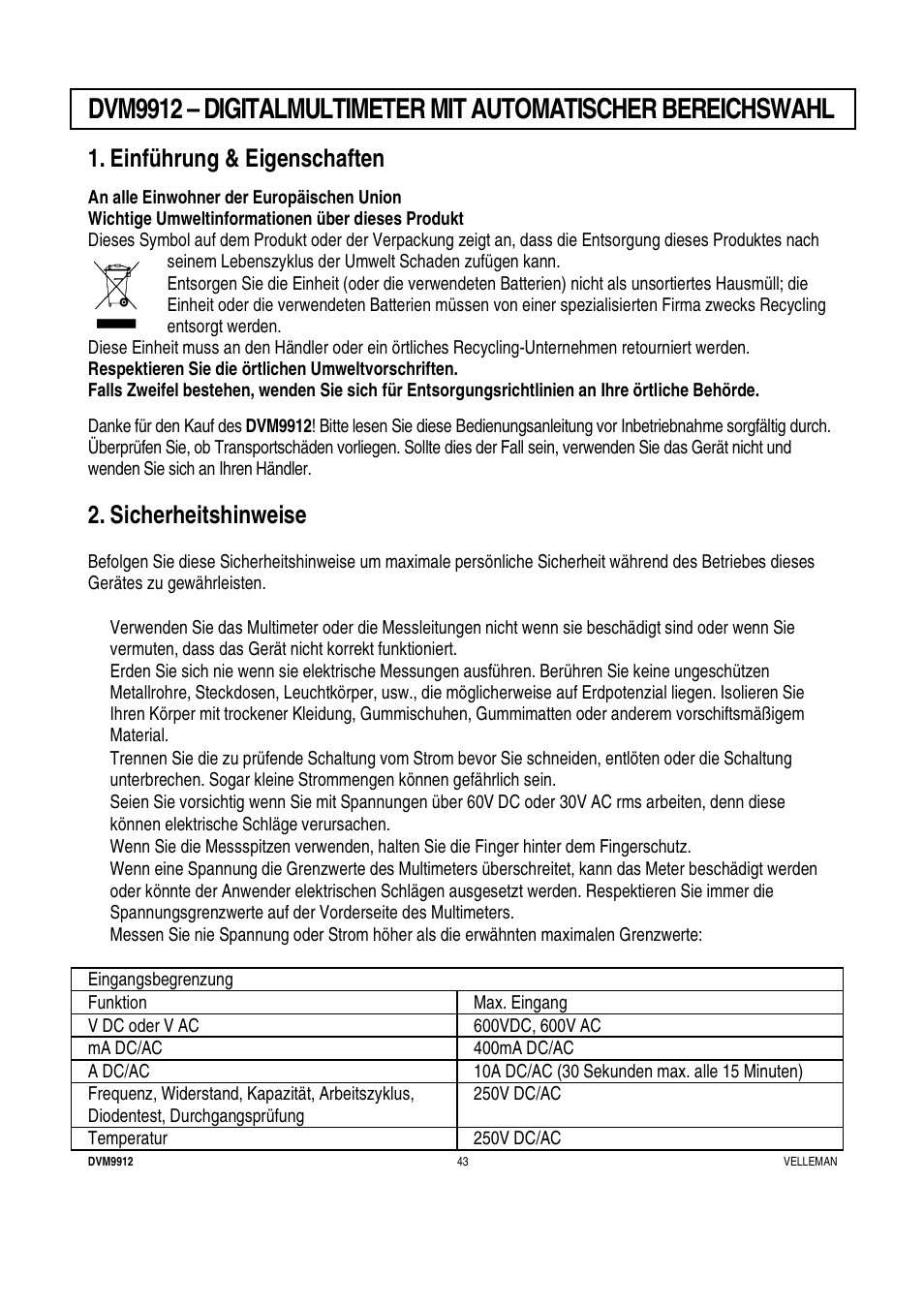 Einführung & eigenschaften, Sicherheitshinweise | Velleman DVM9912 User Manual | Page 43 / 53