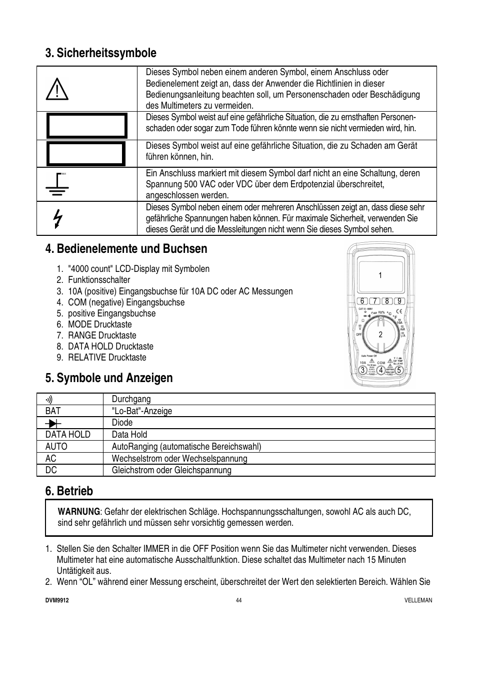 Caution warning, Sicherheitssymbole, Bedienelemente und buchsen | Symbole und anzeigen, Betrieb | Velleman DVM9912 User Manual | Page 44 / 53