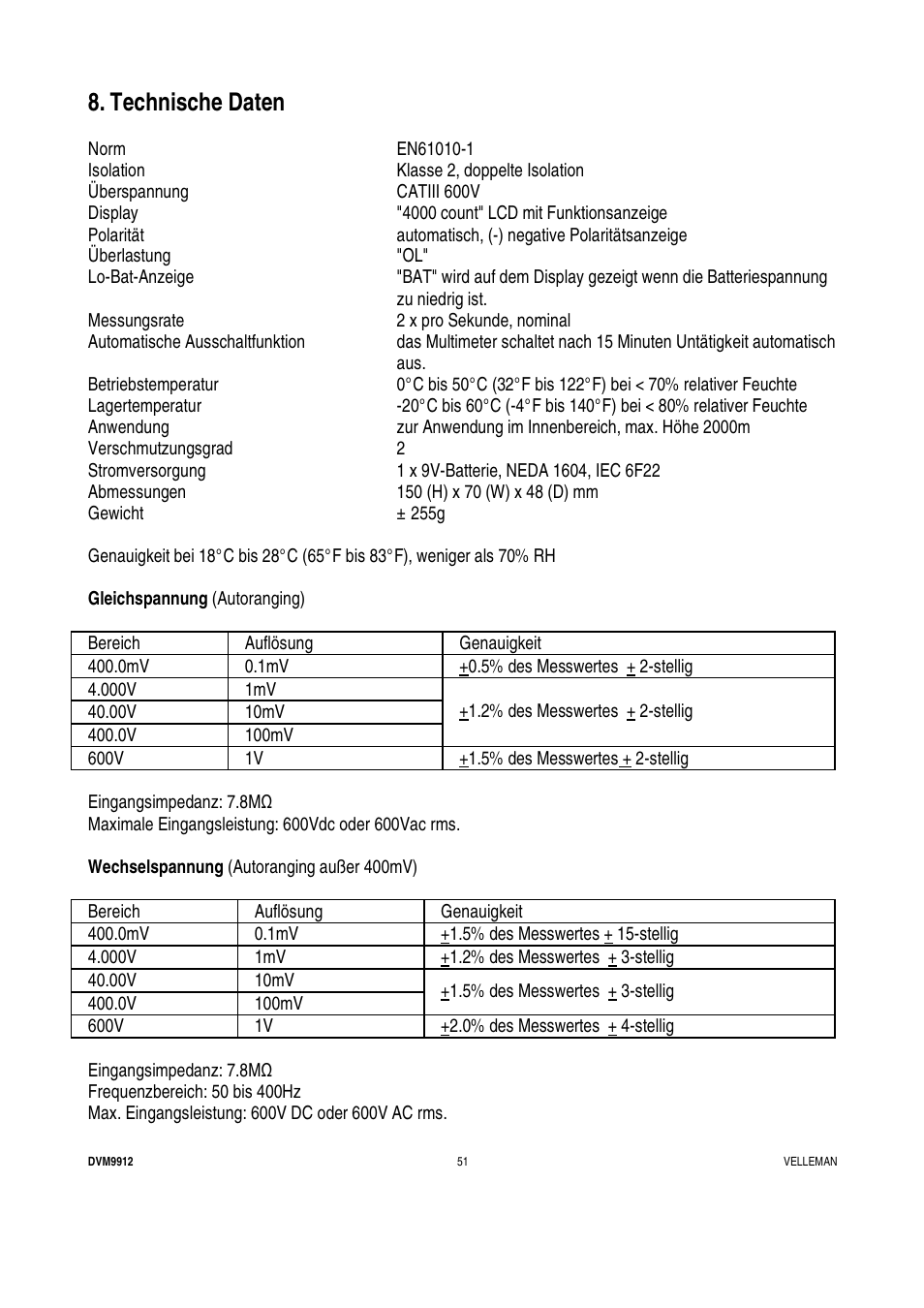 Technische daten | Velleman DVM9912 User Manual | Page 51 / 53