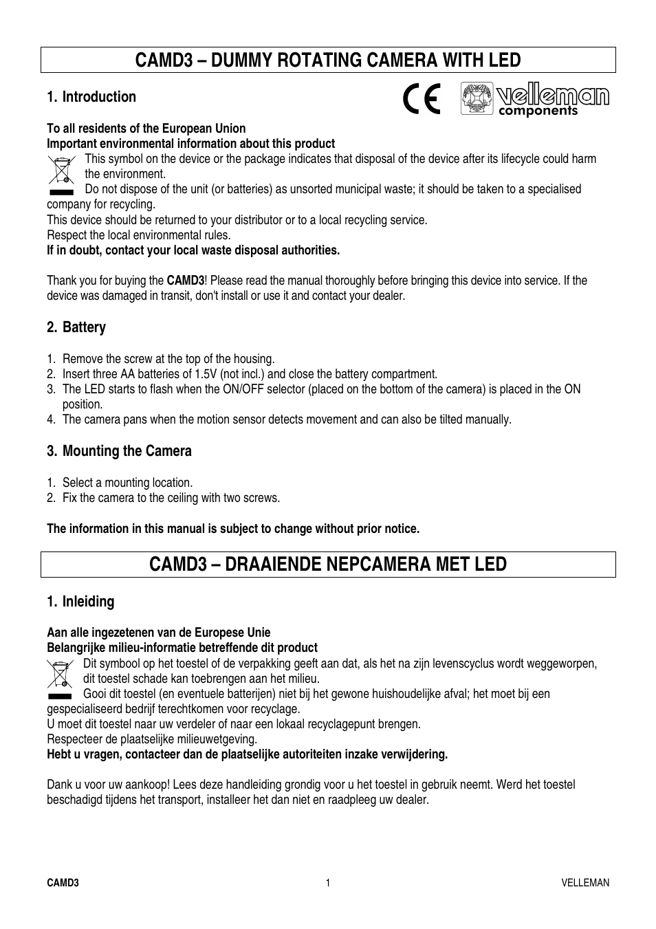 Velleman CAMD3 User Manual | 4 pages