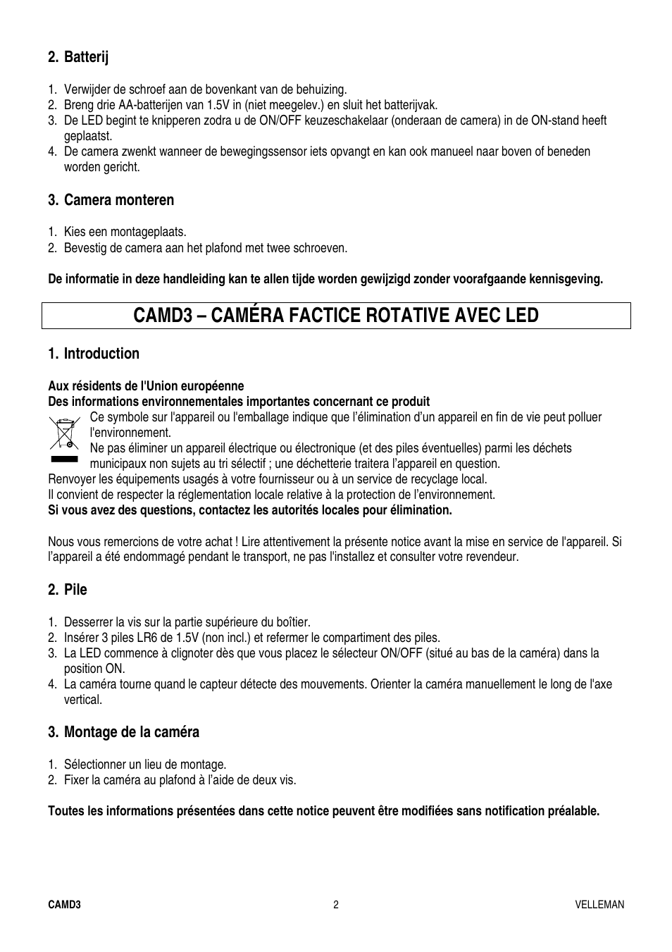 Camd3 – caméra factice rotative avec led | Velleman CAMD3 User Manual | Page 2 / 4