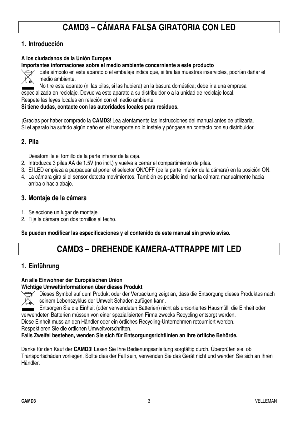 Camd3 – cámara falsa giratoria con led, Camd3 – drehende kamera-attrappe mit led | Velleman CAMD3 User Manual | Page 3 / 4