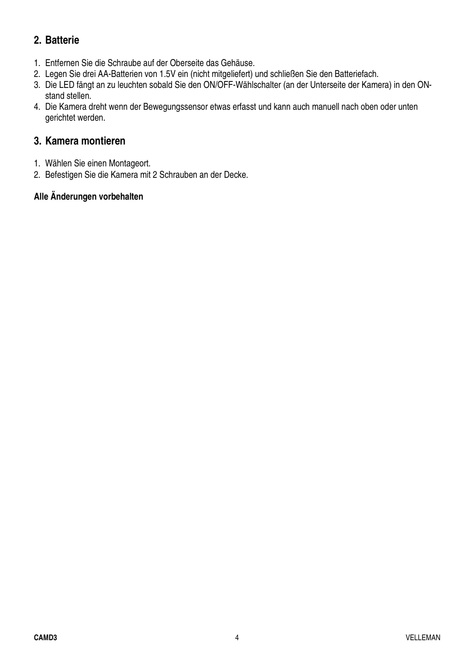 Batterie, Kamera montieren | Velleman CAMD3 User Manual | Page 4 / 4