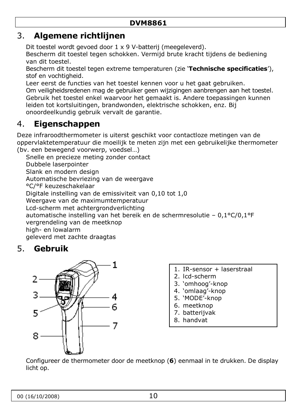 Algemene richtlijnen, Eigenschappen, Gebruik | Velleman DVM8861 User Manual | Page 10 / 32
