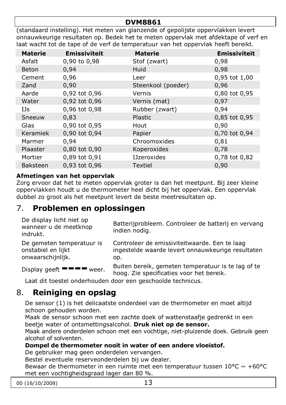 Problemen en oplossingen, Reiniging en opslag | Velleman DVM8861 User Manual | Page 13 / 32