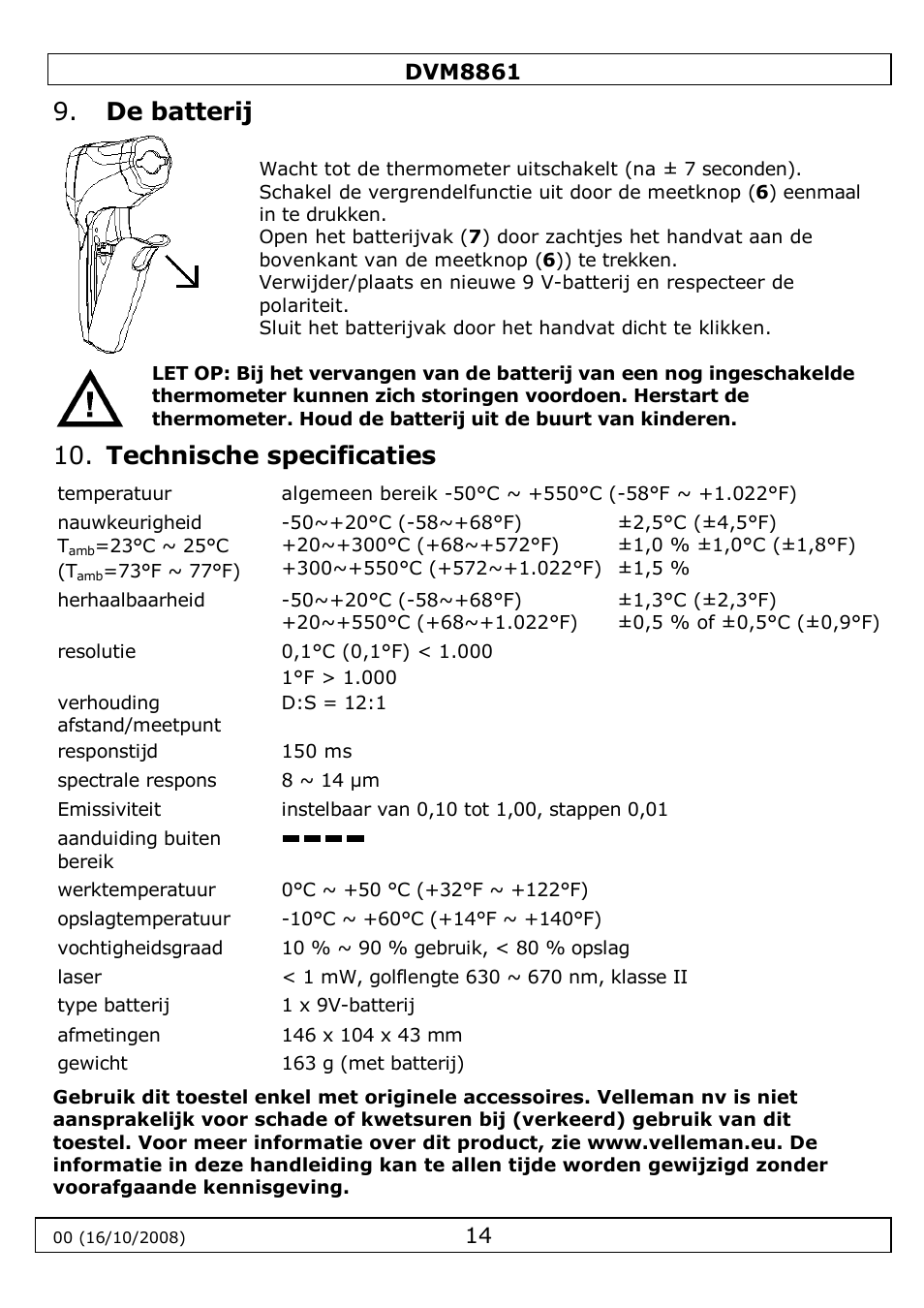 De batterij, Technische specificaties | Velleman DVM8861 User Manual | Page 14 / 32