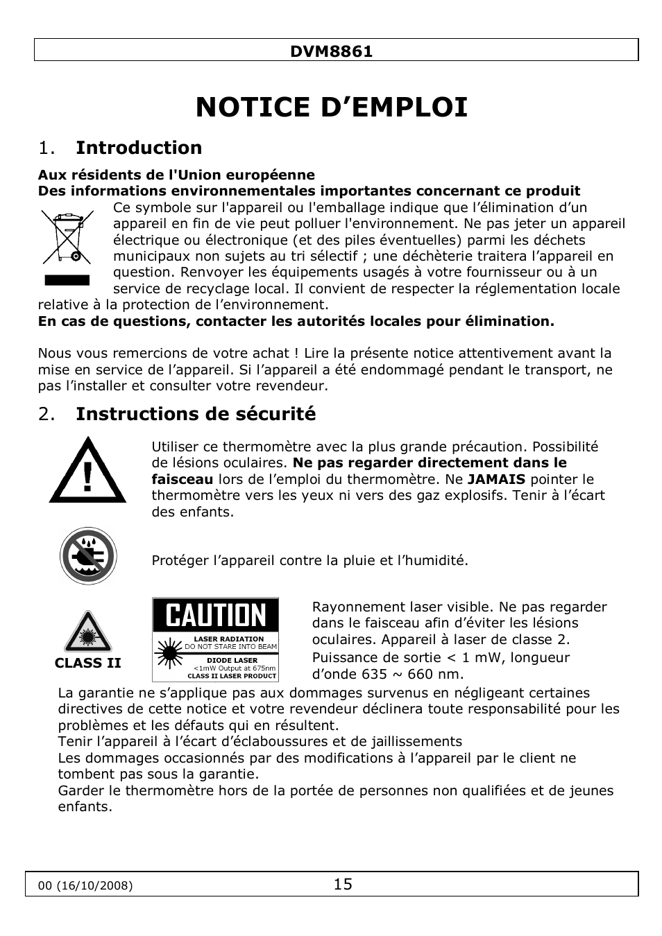 Notice d’emploi, Introduction, Instructions de sécurité | Velleman DVM8861 User Manual | Page 15 / 32