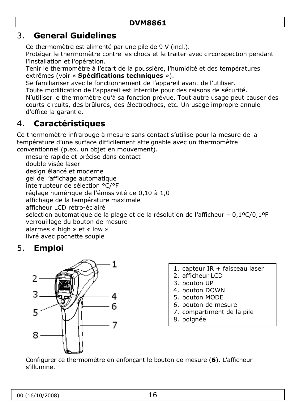 General guidelines, Caractéristiques, Emploi | Velleman DVM8861 User Manual | Page 16 / 32