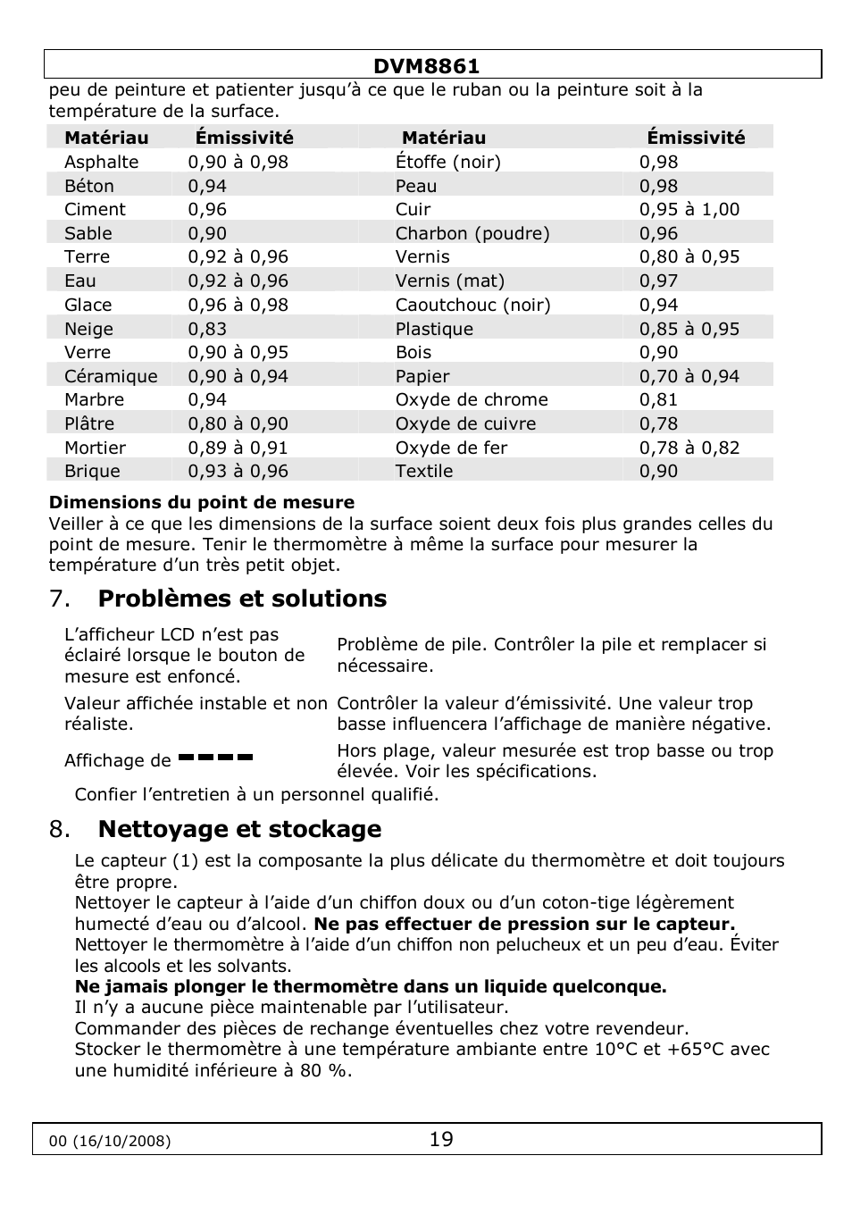 Problèmes et solutions, Nettoyage et stockage | Velleman DVM8861 User Manual | Page 19 / 32