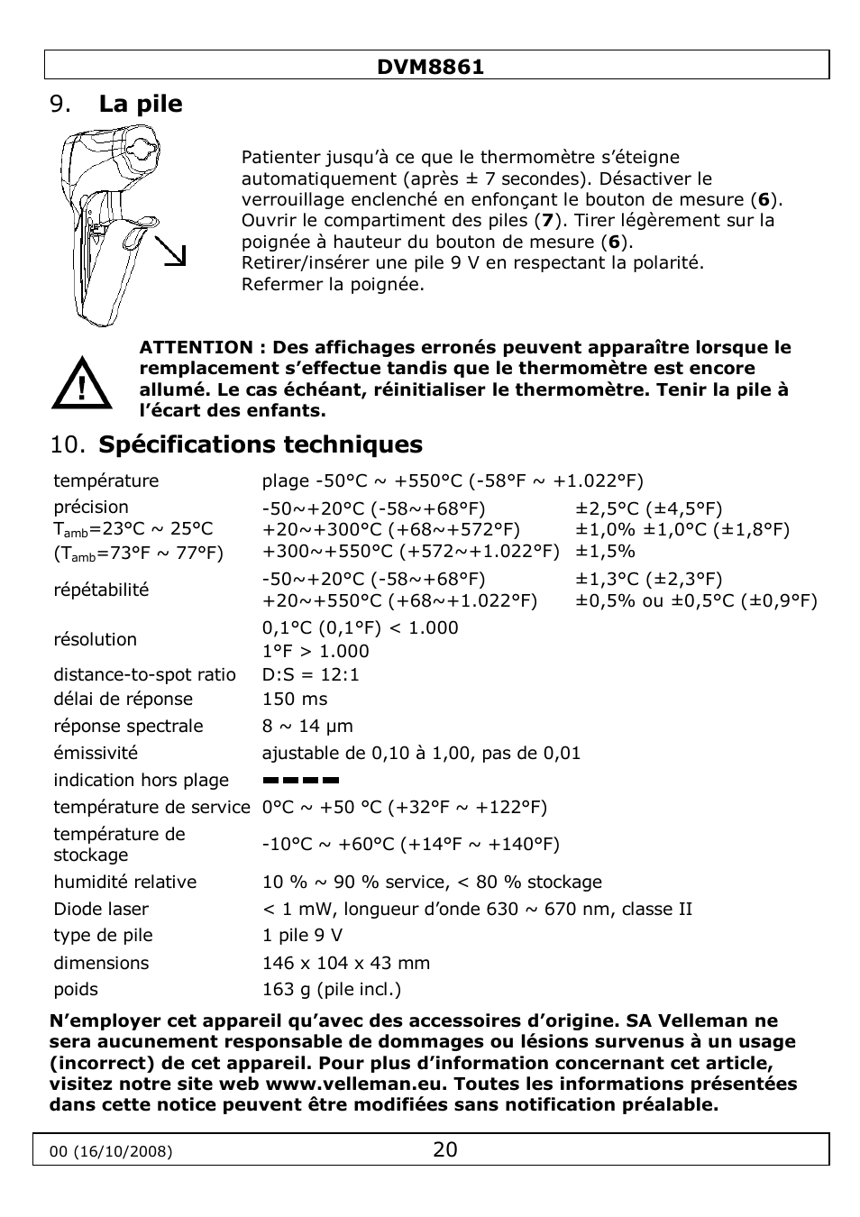 La pile, Spécifications techniques | Velleman DVM8861 User Manual | Page 20 / 32