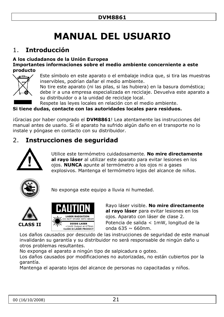 Manual del usuario, Introducción, Instrucciones de seguridad | Velleman DVM8861 User Manual | Page 21 / 32