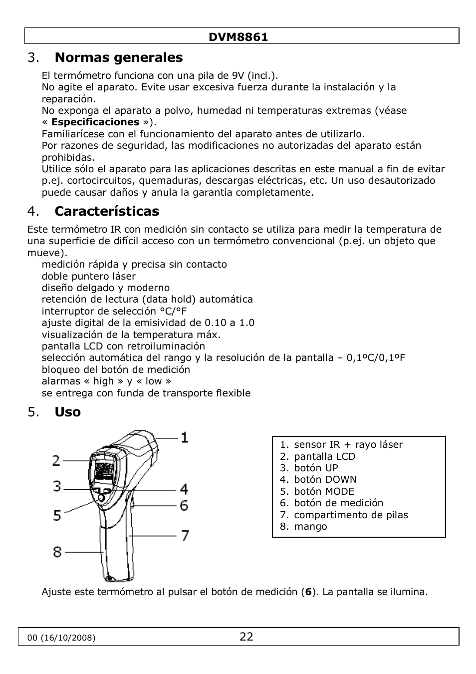 Normas generales, Características | Velleman DVM8861 User Manual | Page 22 / 32