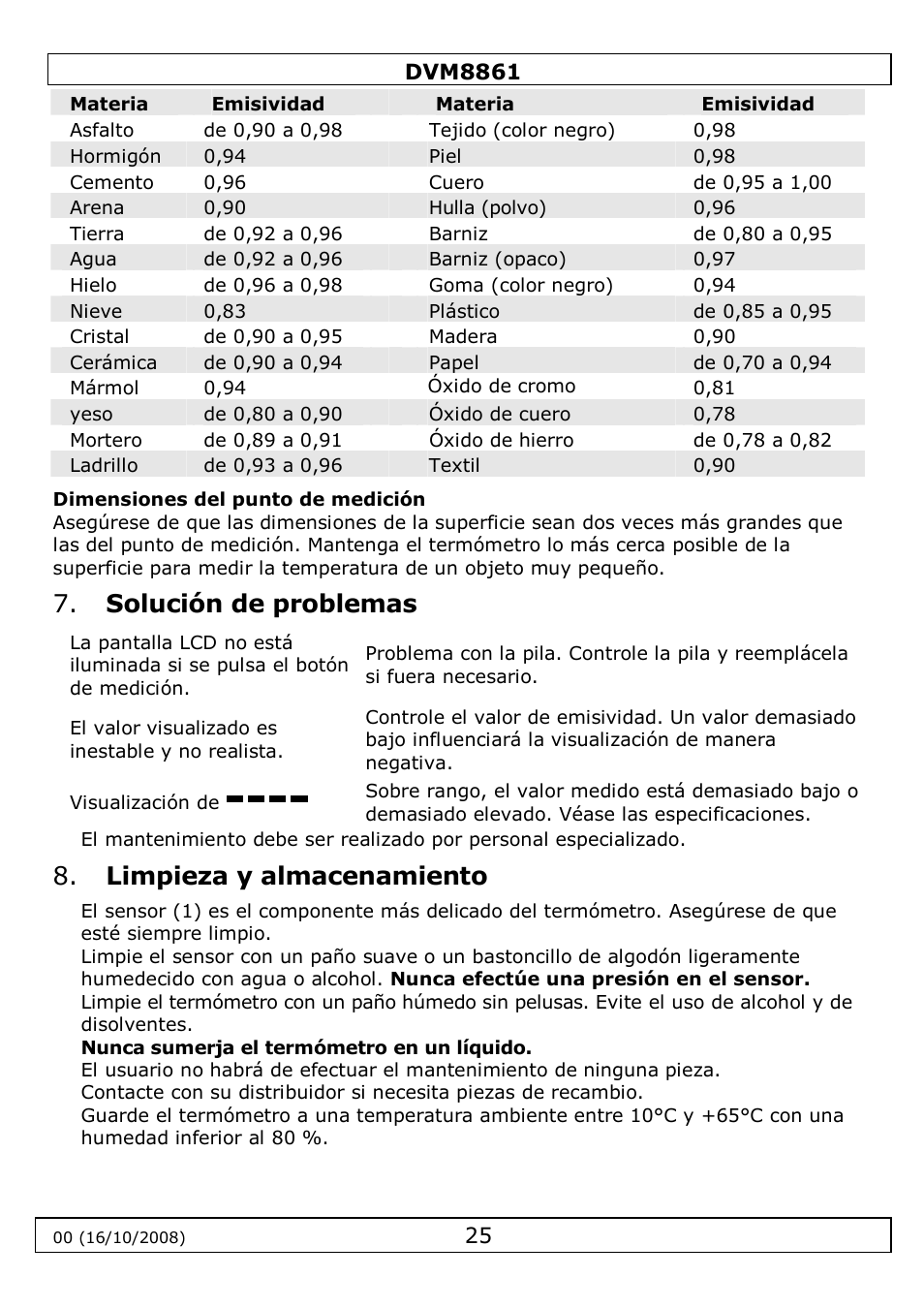 Solución de problemas, Limpieza y almacenamiento | Velleman DVM8861 User Manual | Page 25 / 32