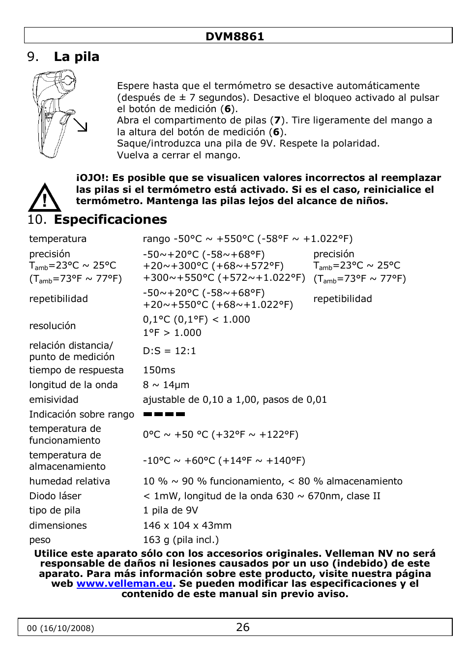 La pila, Especificaciones | Velleman DVM8861 User Manual | Page 26 / 32