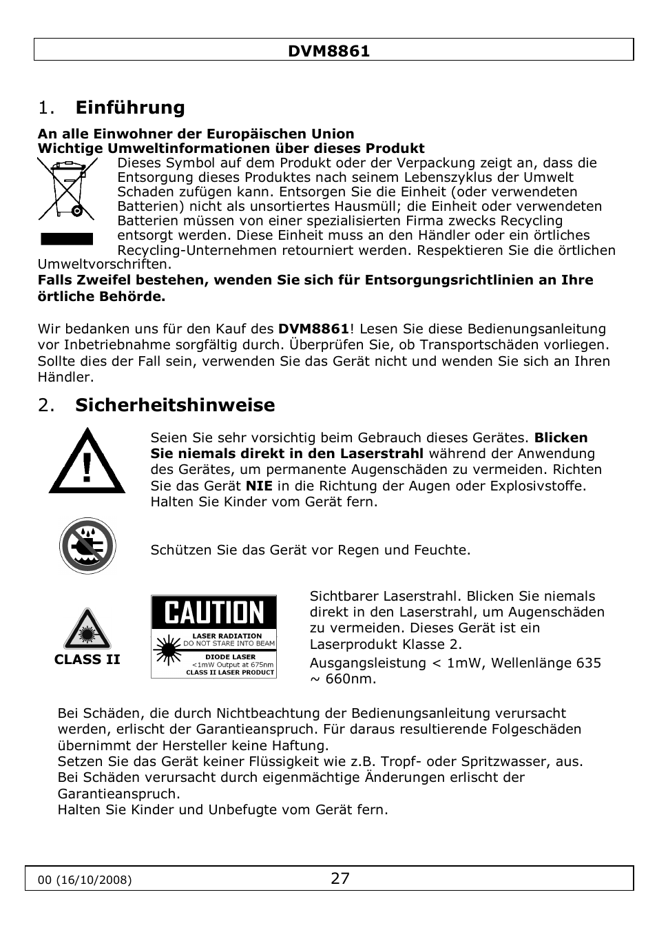 Bedienungsanleitung, Einführung, Sicherheitshinweise | Velleman DVM8861 User Manual | Page 27 / 32