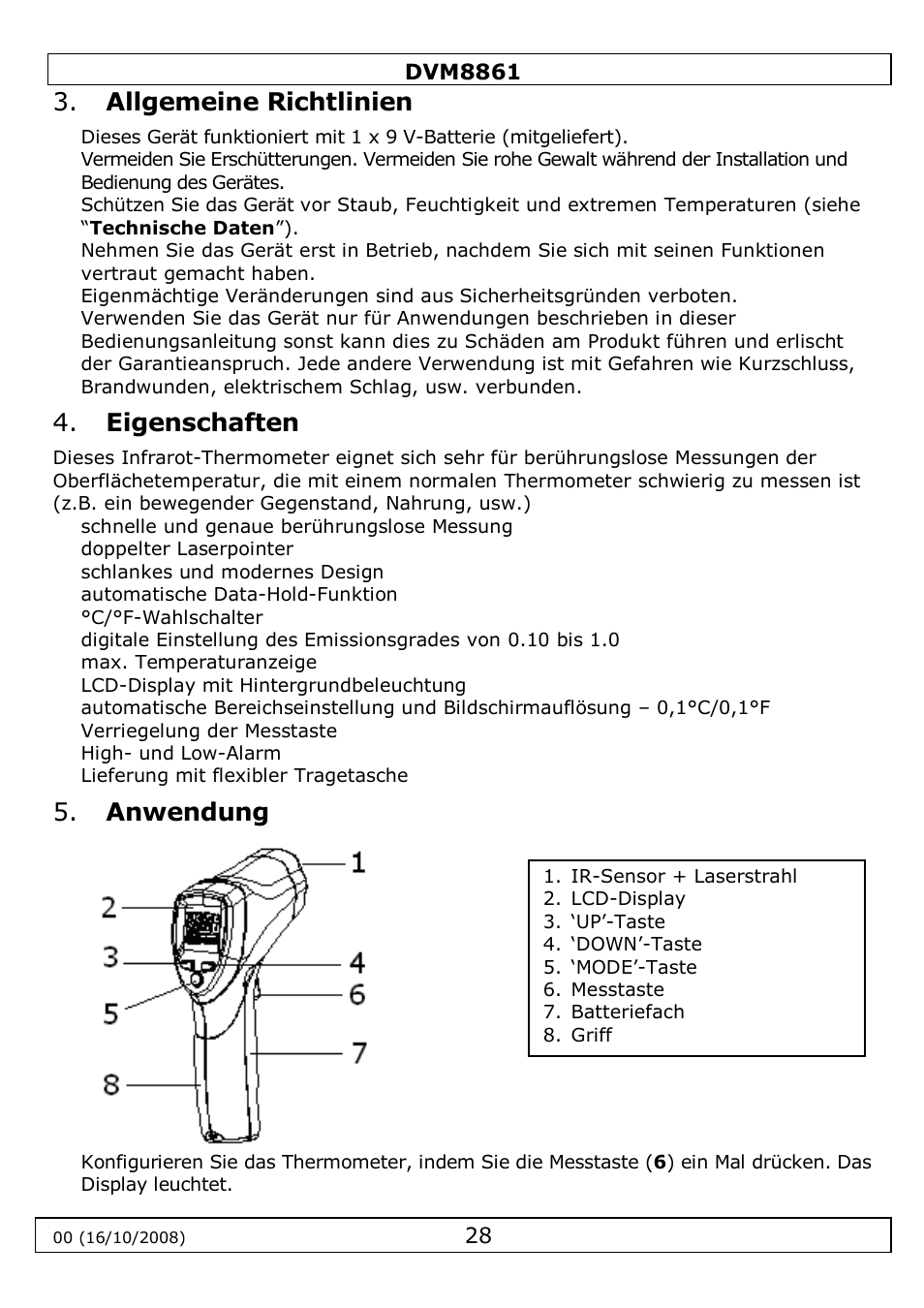 Allgemeine richtlinien, Eigenschaften, Anwendung | Velleman DVM8861 User Manual | Page 28 / 32