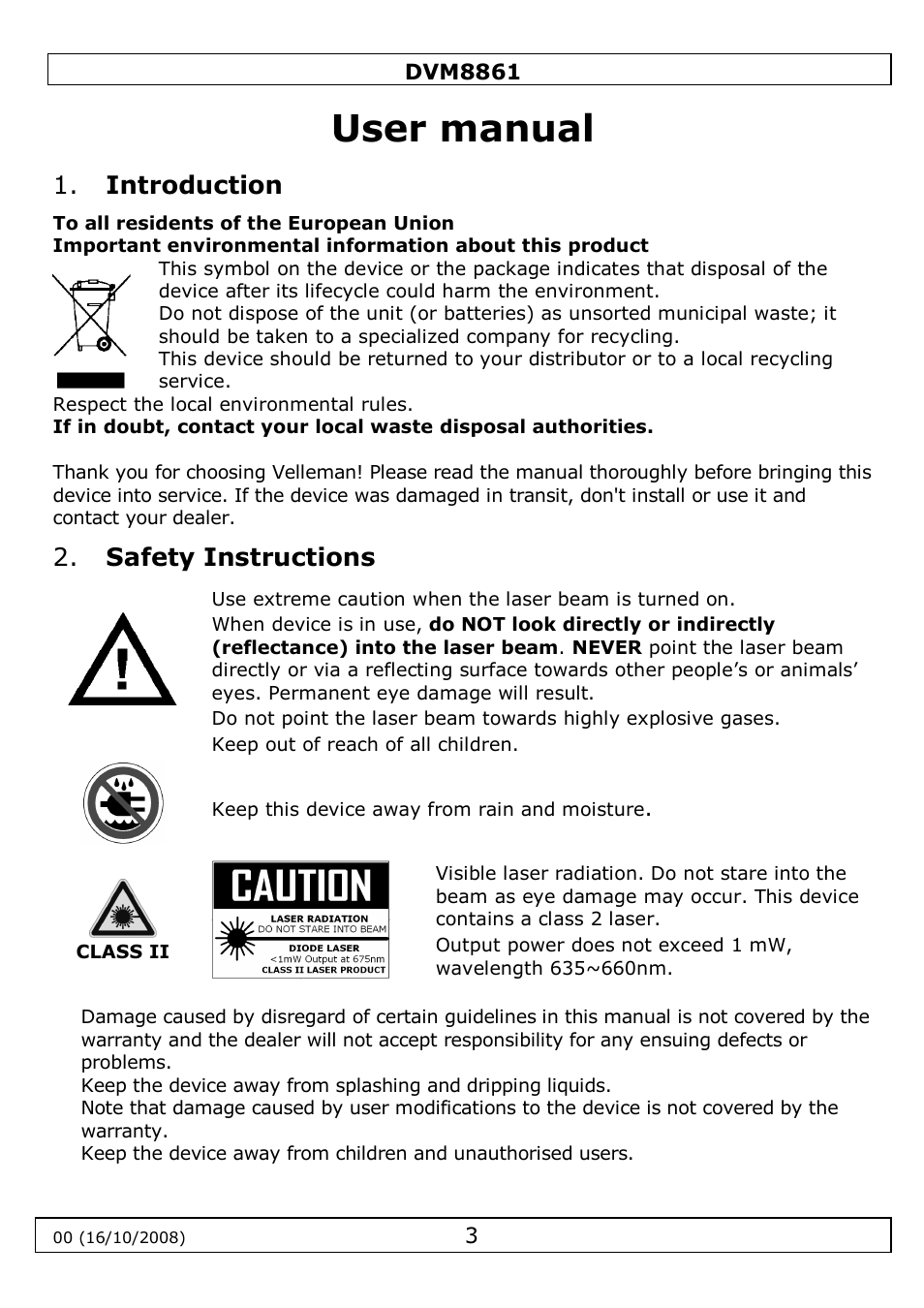 User manual, Introduction, Safety instructions | Velleman DVM8861 User Manual | Page 3 / 32