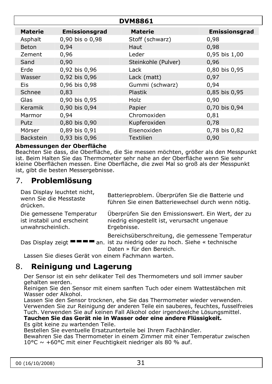 Problemlösung, Reinigung und lagerung | Velleman DVM8861 User Manual | Page 31 / 32