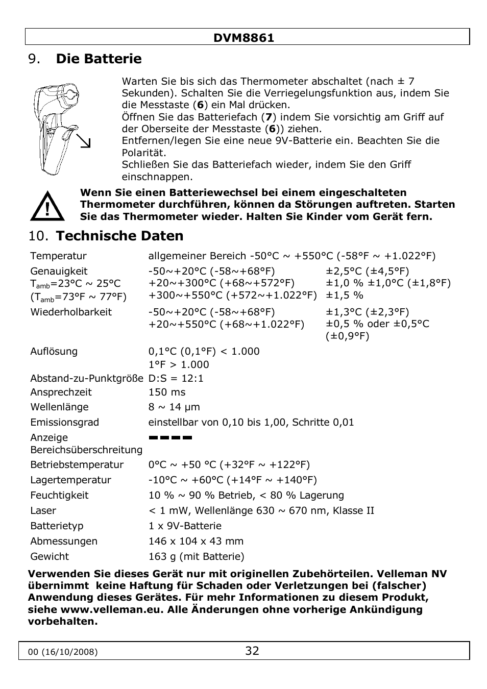 Die batterie, Technische daten | Velleman DVM8861 User Manual | Page 32 / 32